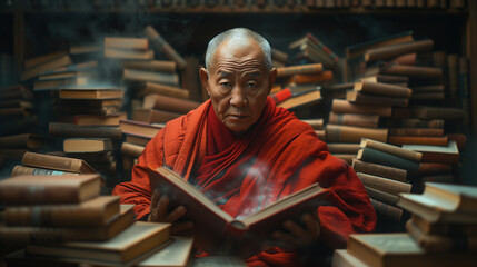 Light Painting Scene of Drepung Monastery Monk with Whirling Books Symbolizing Knowledge, World Book Day, Widescreen