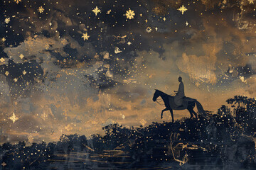 Mystical Horseback Rider Under Starry Night Sky Illustration