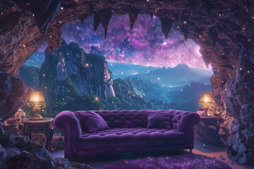 A luxurious purple velvet sofa nestled in the mouth of a cave, with elegant lamps illuminating the space, and a mesmerizing star-filled sky stretching out above a majestic mountain range in the distan
