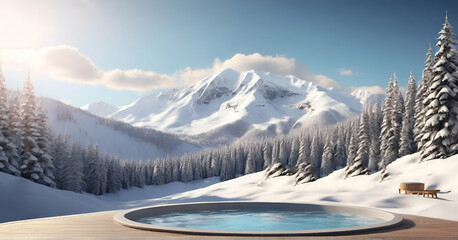  resort in the mountains. a hot tub with spa near a winter forest with a snow covered mountain in background ai generative