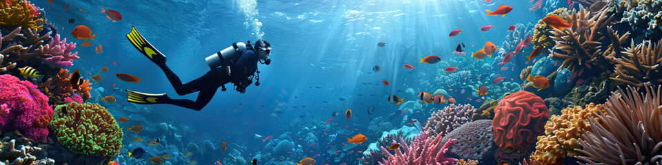 Fototapeta na wymiar Underwater Serenity: A Scuba Diver Exploring Vibrant Coral Reefs, Surrounded by Tropical Fish