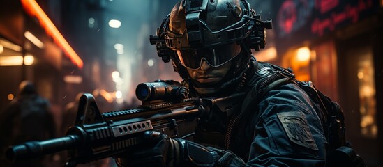 Portrait of a special forces soldier with assault rifle in the night city - obrazy, fototapety, plakaty