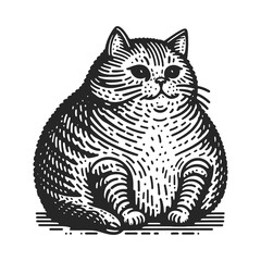 chubby fat domestic cat sitting sketch engraving generative ai fictional character raster illustration. Scratch board imitation. Black and white image.
