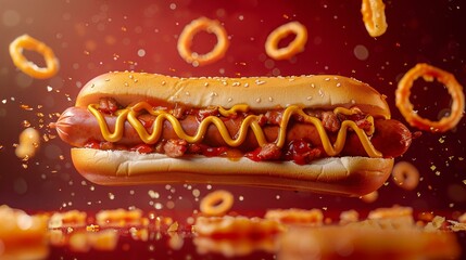 An epic photo of a gourmet hotdog launching from a paper - obrazy, fototapety, plakaty