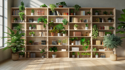 a contemporary style bookshelf adorned with plants that serves as a modern decorative element for virtual office backdrops studio backgrounds or can be printed in a large format to enhance a back