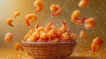 An epic advertise photo of shrimp tempura soaring from a