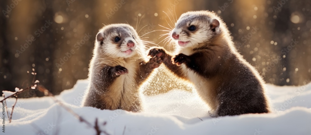 Sticker Two ferrets, terrestrial animals in the Mustelidae family, are sharing a sweet moment holding hands in the snowy landscape, showcasing their whiskers and furry coats