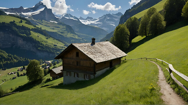 lonely farm above Lauterbrunnen idyllic valley, Bernese oberland, Swiss Alps.generative.ai
