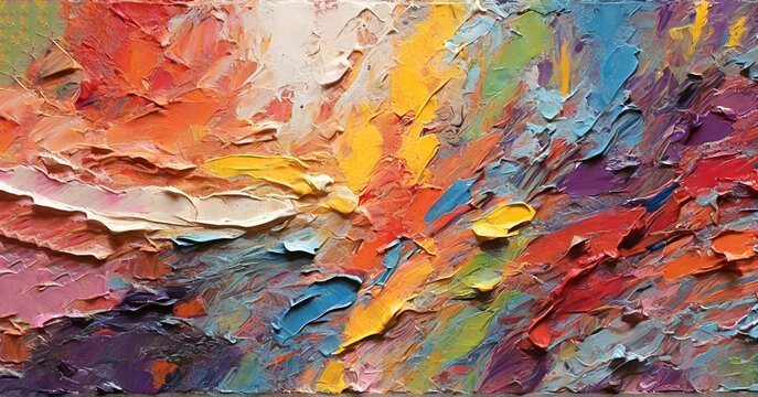 Closeup of abstract rough colorful multicolored rainbow colors art painting texture background banner long panorama, with oil acrylic brushstroke, pallet knife paint on canvas wallpaper ai generative