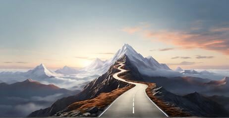 Road going to flag on mountain top, Business goals achievement concept  ai generative