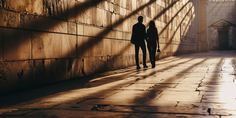 A couple's silhouette walking hand in hand, cast in the golden light of a setting sun on a city street