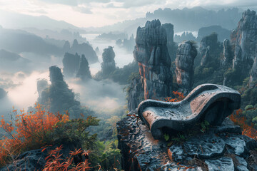 A natural rock formation resembling a giant chair, positioned on the edge of a cliff overlooking a lush valley blanketed in mist during dawn - obrazy, fototapety, plakaty