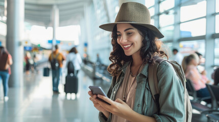 A young woman in casual attire, wearing an elegant hat and carrying travel backpack is standing at the airport waiting for her flight - Powered by Adobe