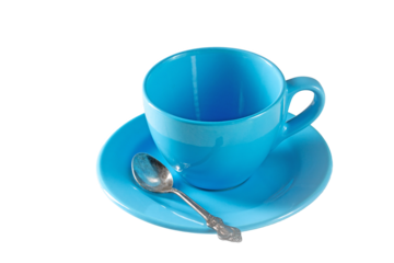 Symbol of morning coffee - an empty blue cup with a saucer for coffee on a white wooden table