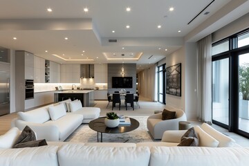A modern living room with sleek furniture and a monochromatic color scheme