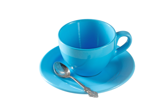 Symbol of morning coffee - an empty blue cup with a saucer for coffee on a white wooden table - Powered by Adobe