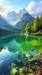 Colorful summer view of Fusine lake. Natural Landscape
