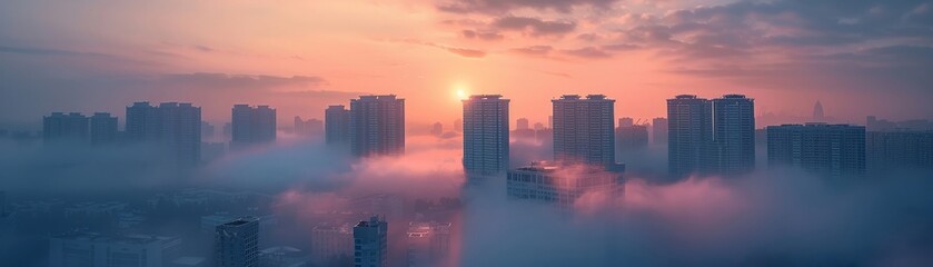 Buildings disappearing into the mist on a foggy morning - obrazy, fototapety, plakaty