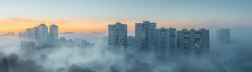 Buildings disappearing into the mist on a foggy morning - obrazy, fototapety, plakaty