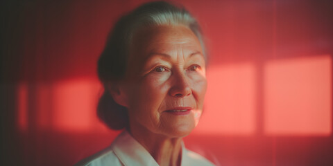 Mature woman with a reflective gaze, bathed in the warm glow of red ambient light