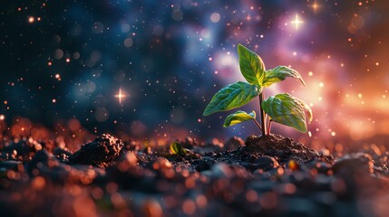 A sprouting plant in 3D against a starry cosmos, growth without limits - obrazy, fototapety, plakaty