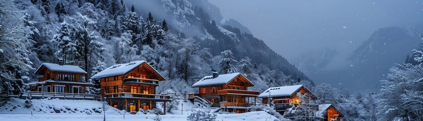 Fototapeta premium Cozy cabins tucked away in the mountains, surrounded by snowcovered trees