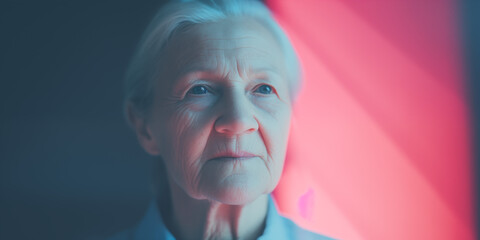 Elderly woman with contemplative eyes, her visage split by a contrasting blue and pink light