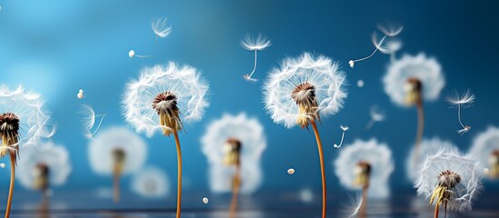 flying dandelion seeds on a blue background - obrazy, fototapety, plakaty