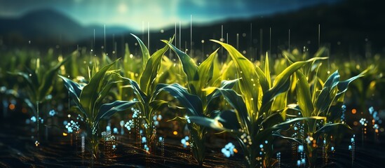Close-up of young corn seedlings growing in a greenhouse. - obrazy, fototapety, plakaty