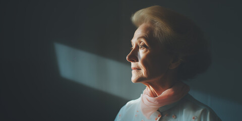 Elderly Caucasian woman in contemplative mood, sunlit room casting shadows, serene expression