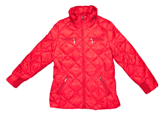 Brightly red down women's jacket for skiing, isolated on a white background