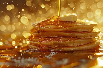 A cinematic photo of pancakes flipping from a hot griddle, with maple syrup streams and butter pats floating, set against a golden amber background