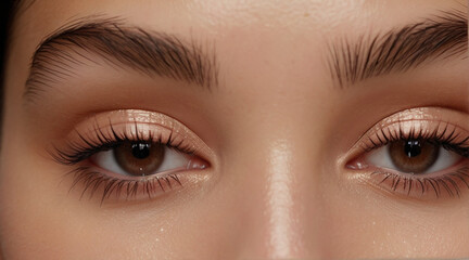Fototapeta premium Close up of beautiful woman's brown eyes with eyelash and brow lift. 