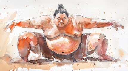 sumo fighters ready to fight in the arena. watercolor painting.