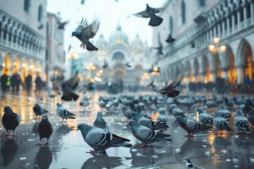 Pigeons flocking around a busy city square - obrazy, fototapety, plakaty