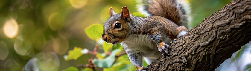 Naklejka na ściany i meble Squirrels darting between trees in a small urban park