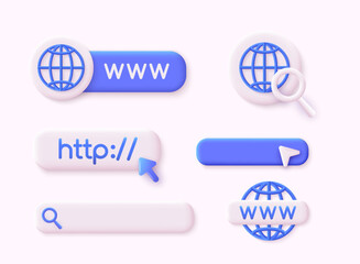 Www icons collection. Internet icon. Www search bar icon. Address and navigation bar icon. 3D Web Vector Illustrations.
