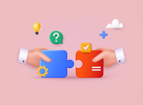 3D jigsaw puzzle pieces symbol of teamwork. Problem-solving, business challenge in 3d hand of connection jigsaw puzzle, partnership success. 3D Web Vector Illustrations.
