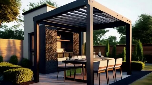 Modern patio furniture includes a pergola shade structure, an awning, a patio roof, a dining table, seats, and a metal grill.