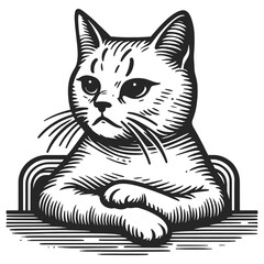 Skeptical cat sketch engraving generative ai raster illustration. Scratch board imitation. Black and white image.