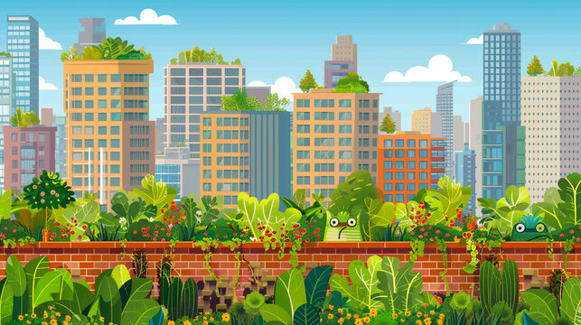 Urban garden rooftops, green city initiative, vector,