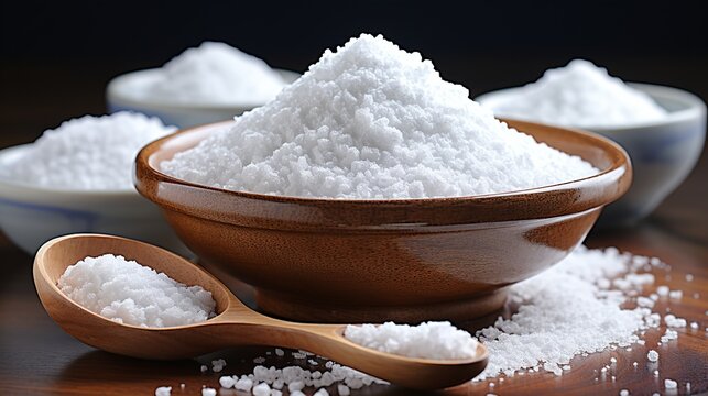 Salt in bowl and spoon on wooden table, closeup. Sea salt