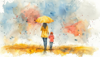 A woman and a child are walking under an umbrella in the rain