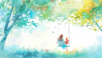 Obraz na płótnie Canvas A woman is holding a baby on a swing
