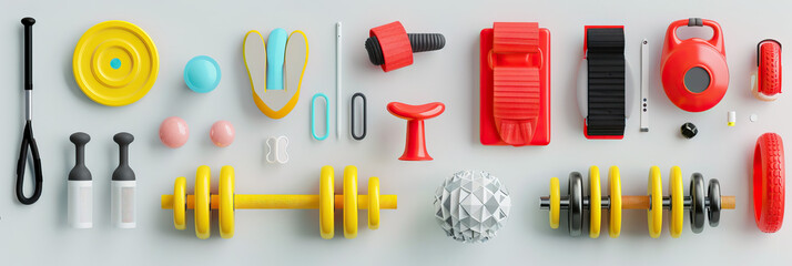 Personalized Fitness Training Kit: Equipment and Resources for Customized Workouts. Modern cover header background banner with space for text, top view Cover ads banner, flyer, Blank.