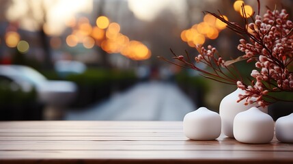Festive decoration on white marble table with bokeh background.