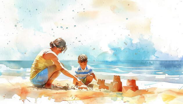 A woman and a child are building a sandcastle on the beach