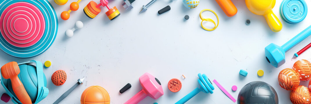 Personalized Fitness Training Kit: Equipment and Resources for Customized Workouts. Modern cover header background banner with space for text, top view Cover ads banner, flyer, Blank.