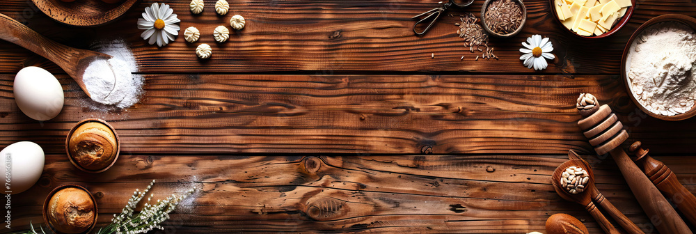 Poster rustic bakery concept . wooden background . modern cover header background banner with space for tex