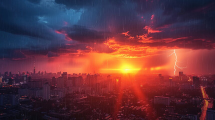city landscape at sunset with overcast clouds, rain and lightning, banner, copy space